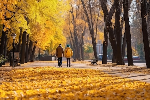 Les feuilles jaunes qui tombent sont emportées Le nettoyage d'automne dans le parc public de Moscou