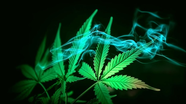 Feuilles de marijuana de cannabis avec de la fumée à la lumière du néon sur fond sombre Légalisation de la ganja médicale Generative AI