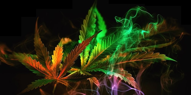 Feuilles de marijuana de cannabis avec néon sur fond noir isolé gros plan AI générative