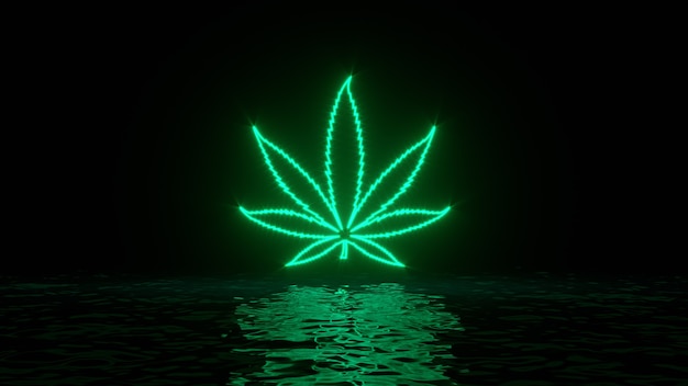 Feuilles de marijuana de cannabis néon vert brillant avec des reflets sur la surface de l'eau
