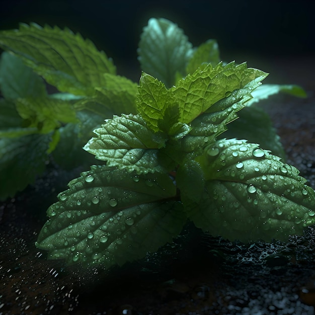 Feuilles de menthe fraîche avec des gouttes d'eau sur fond sombre closeup