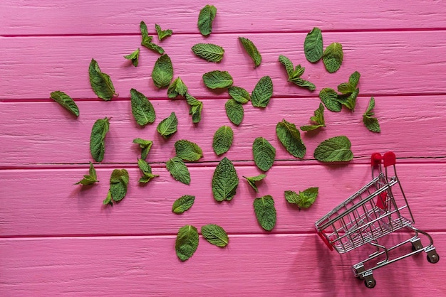 Feuilles de menthe fraîche avec panier sur fond de bois rose