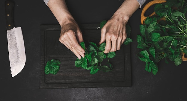 Feuilles de menthe fraîche verte sur une planche de bois et deux mains féminines sur une vue de dessus de table en bois noir