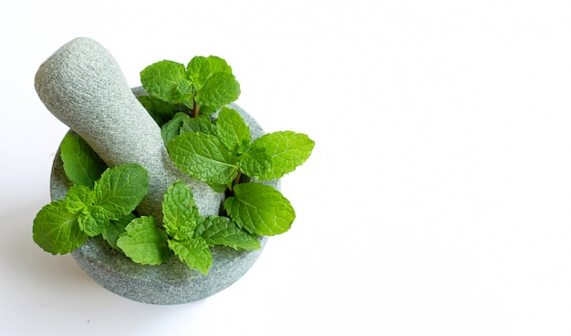 Feuilles de menthe en mortier de pierre et pilon sur blanc