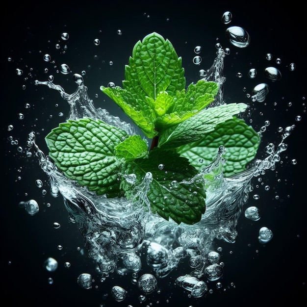 Les feuilles de menthe sont éclaboussées d'eau.