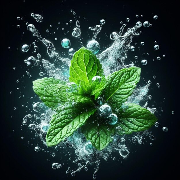 Les feuilles de menthe sont éclaboussées d'eau.