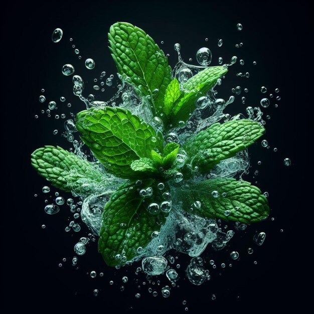 Les feuilles de menthe sont éclaboussées d'eau.