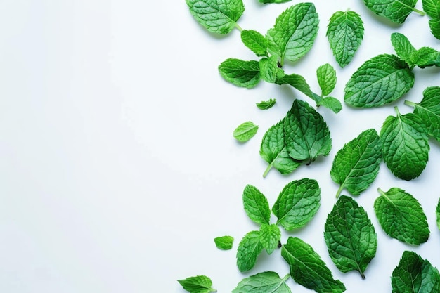 Feuilles de menthe vertes fraîches sur fond blanc vue de haut Feuelles de menthe vert frais sur fond blanc