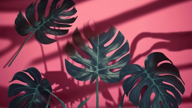 Les feuilles de Monstera avec l'ombre sur un fond rose