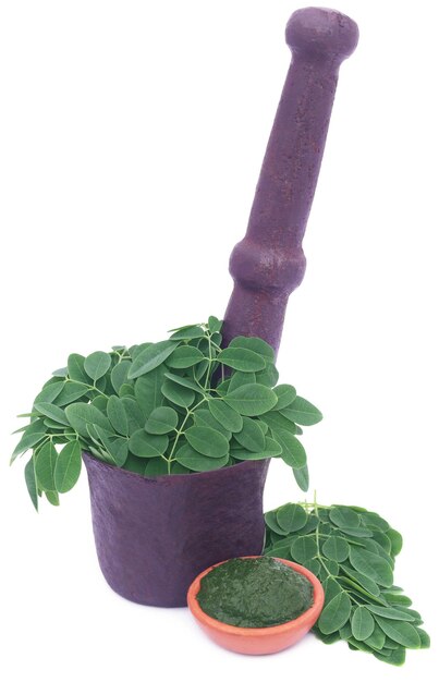 Photo feuilles de moringa comestibles dans un mortier vintage avec de la pâte moulue dans une poterie sur fond blanc