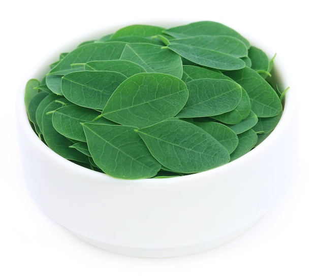 Photo feuilles de moringa dans un bol sur fond blanc