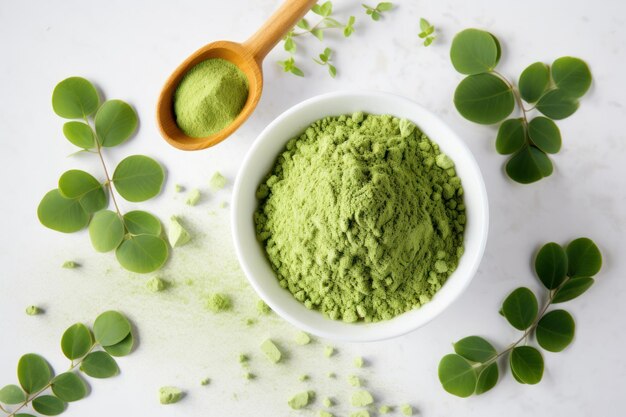 Photo des feuilles de moringa et de la poudre de moringa sur la table