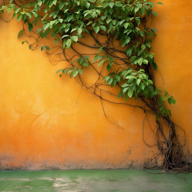 Des feuilles sur le mur orange avec un sol en ciment grunge et de l'herbe verte
