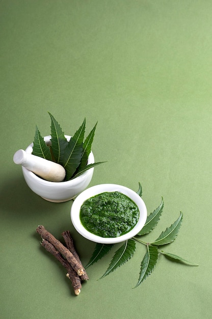 Feuilles de Neem médicinales dans un mortier et un pilon avec de la pâte et des brindilles sur une surface verte