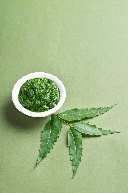 Photo feuilles de neem médicinales avec de la pâte dans un bol sur une surface verte