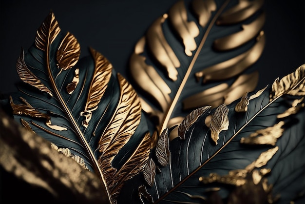 Feuilles d'or noir, abstrait, 3D, Full HD, belles feuilles, abstrait, nature, photo murale