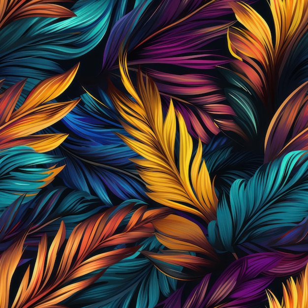 Feuilles de palmier en acrylique vibrant, motif sans couture généré par l'IA