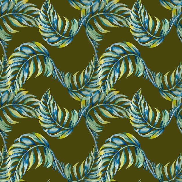 Feuilles de palmier bleu exotique illustration aquarelle transparente motif sur dark