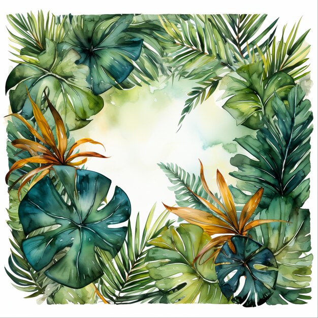 Feuilles de palmier tropical cadre carré aquarelle Generative Ai