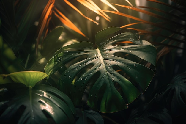 Feuilles de palmier tropical vert Modèle minimal de jungle ou de forêt abstraite d'été AI générative