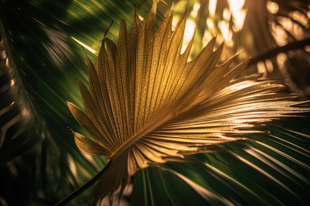 Feuilles de palmier tropical vert et or Motif minimal de jungle ou de forêt abstraite AI générative