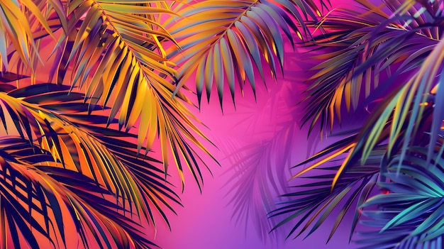 Des feuilles de palmier tropical vibrantes dans des couleurs holographiques audacieuses pour l'art conceptuel et le minimalisme