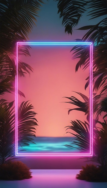 Feuilles de palmier tropicales avec maquette de cadre néon brillant