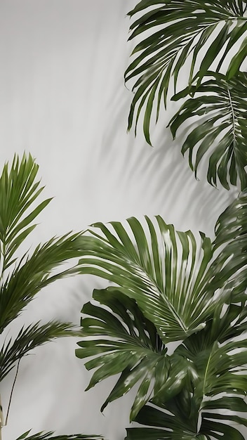 Des feuilles de palmier tropicales à l'ombre d'un mur blanc