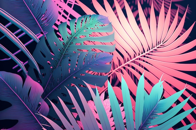 Feuilles de palmier vert irisé néon tropical illustration de fond motif floral