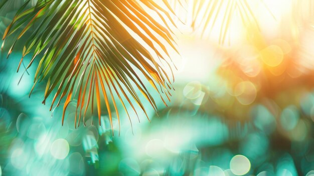 Des feuilles de palmier vertes floues sur une plage tropicale avec la lumière du soleil à l'arrière-plan des vagues abstraites