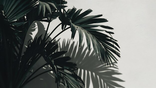 Des feuilles de palmier vertes et de l'ombre sur un fond blanc