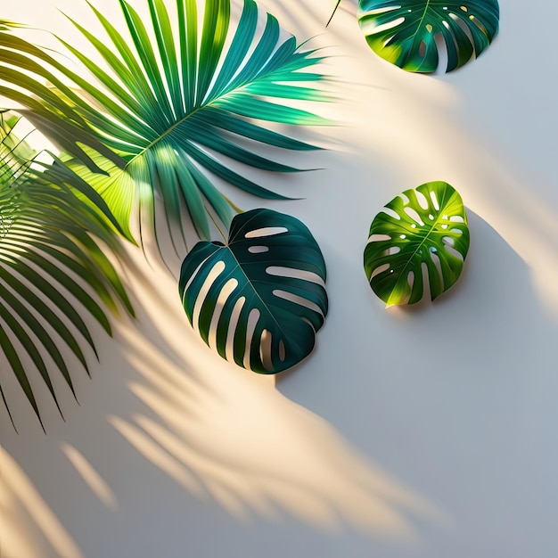 Feuilles de palmiers tropicaux avec des ombres sur un mur de béton blanc abstrait fond tropical flou