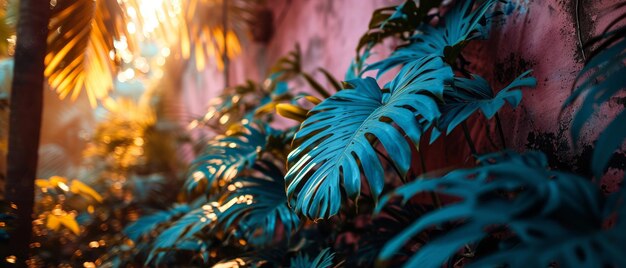 Photo les feuilles de palmiers tropicaux teintées de bleu se démarquent sur un fond rose chaud