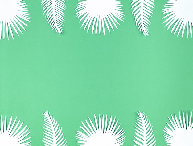 Feuilles de papier tropical sur fond vert, mise à plat avec espace de copie.