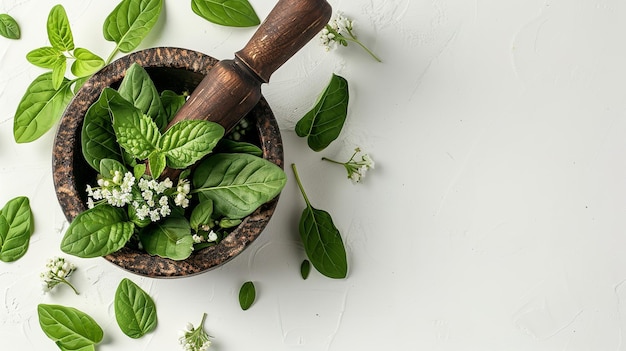 Des feuilles de plantain dans un mortier avec des fleurs fraîches et une table en bois en vue supérieure sur fond blanc et de l'espace pour le texte IA générative