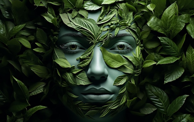 feuilles de plante beaute fille visage modèle de mode photographie naturelle en gros plan