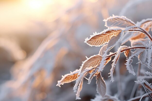 Photo feuilles et plantes couvertes de neige generative ai