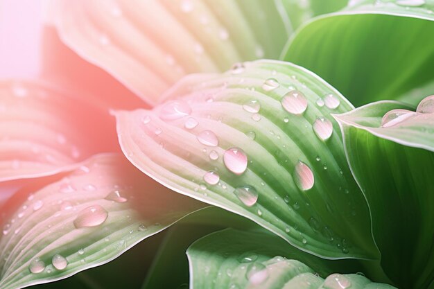 Feuilles de plantes hosta fraîches après la pluie avec des gouttes d'eau générées par l'IA