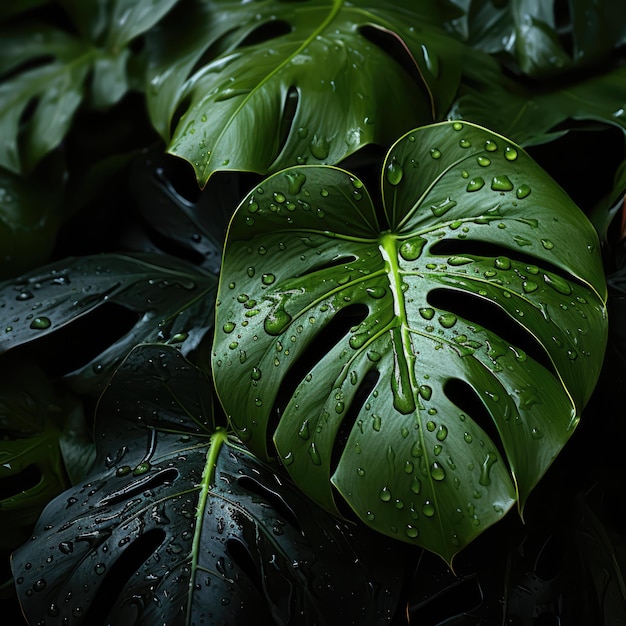 Feuilles de plantes noires humides de monstera deliciosa dans un jardin