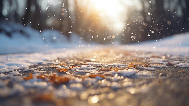 Des feuilles qui tombent sur la neige dans la forêt d'hiver Arrière-plan flou