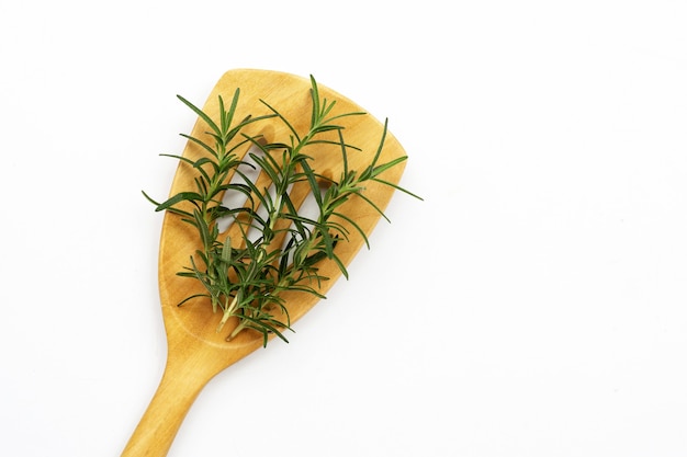 Feuilles de romarin sur spatule en bois sur fond blanc.