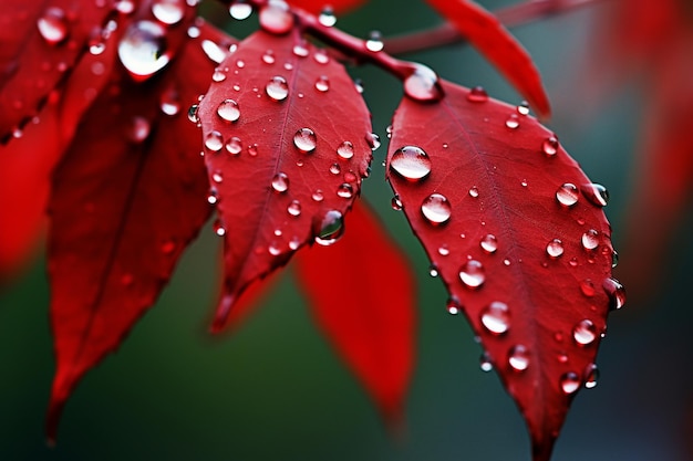 Des feuilles rouges avec des gouttes d'eau