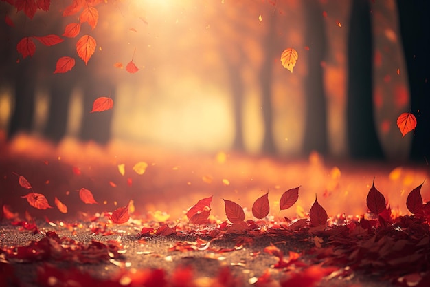 Feuilles rouges tombant dans la forêt, fond d'automne défocalisé avec la lumière du soleil