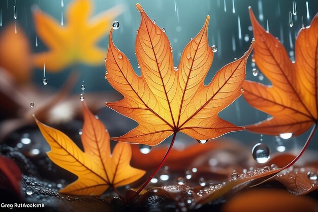 feuilles de la saison d'automne avec de la pluie scène de plante d'hiver