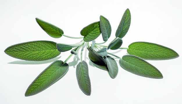 Feuilles de sauge verte fraîcheur vibrante sur fond blanc isolé capturant l'essence de la nature