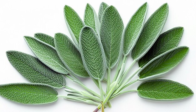 Feuilles de sauge verte fraîcheur vibrante sur fond blanc isolé capturant l'essence de la nature