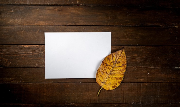 Feuilles séchées avec une note blanche sur fond de bois foncé