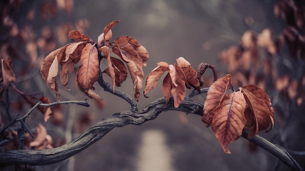 Photo des feuilles sèches poussant sur une brindille avec un fond flou