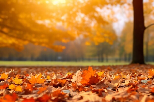 Photo les feuilles sont éparpillées sur le sol dans un parc avec des arbres lumière du soleil d'automne doux ai photo midjourney