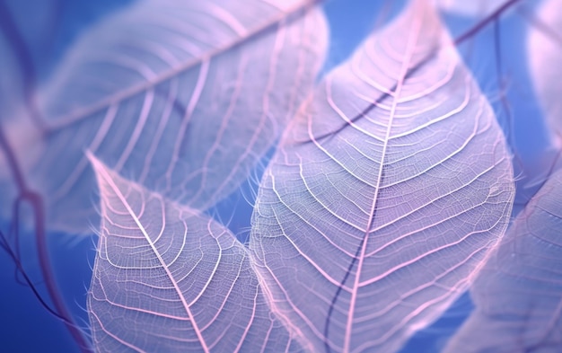 Les feuilles de squelette blanches transparentes avec une belle texture sur un bleu